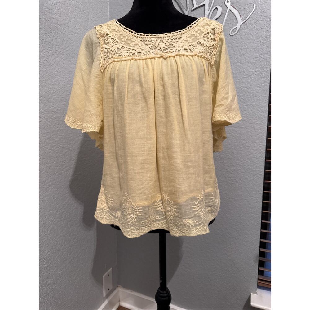 Funky People‎ Butter Yellow Crochet Tunic Shirt Flutter Sleeves Size M